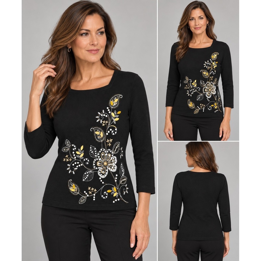 Alfred Dunner Petite Black Embellished Floral Beaded 3/4 Sleeve Knit Top PM